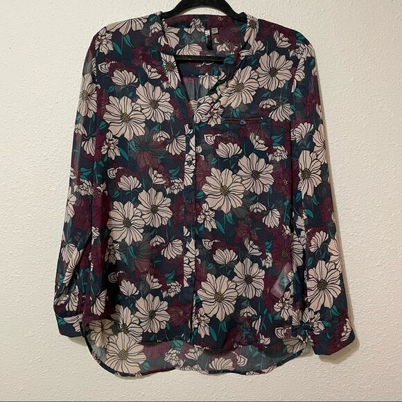 Kut From The Kloth Burgundy Green & Cream Floral Sheer Blouse Womens MP Fall - Picture 1 of 9